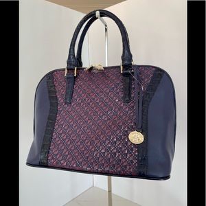 Brahmin Navy Satchel/Crossbody NWOT Navy/Raspberry Woven Area on front of bag.